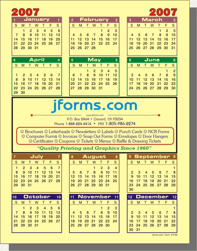 advertising calendar eight and one half inch wide by eleven inch high