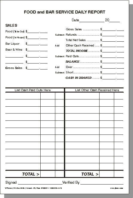 food and bar daily report envelope 83000 six inch wide by nine high