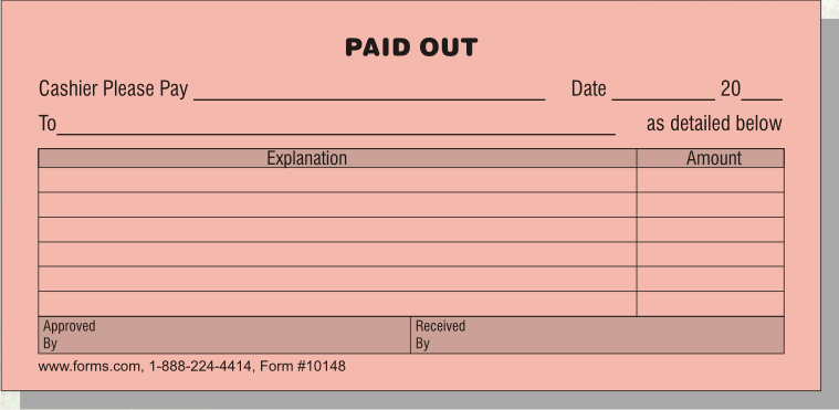 paid out voucher designed to fit in the bill slot of a cash drawer