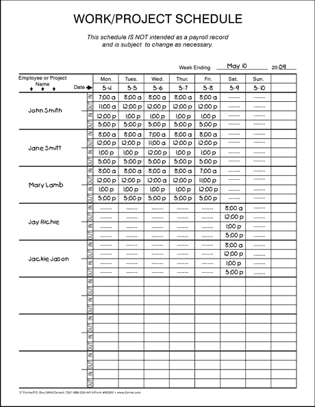 work and project schedule eight and one half inch wide by eleven inch high