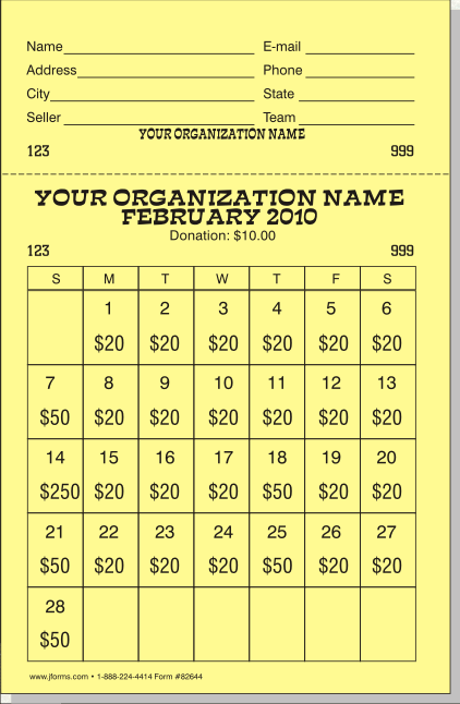daily three raffle calendar five and one half inch wide by eight and one half inch high